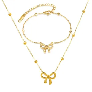 Necklace Earrings Set Bow Bracelet For Women Girls Bowknot Choker 14K Gold Plated Ribbon Necklaces Fashion Jewelry Gifts