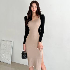 Koreanska kvinnor chic elegant långärmad hög split bodycon klänning sexig fransk mode stickad elastisk smal blyerts klänning 231226