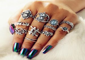 11pcsSets Band Nail Ring Sets Bohemian Carved Leaf Flowers Pure Blue Gemstone Elegant Designer Women Jewelry Accessories Vintage 1145536