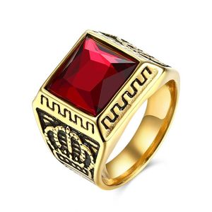 Mature Men's Symbol of Rights and Identity Solitaire Flat Rings Vintage 18K Gold Stainless Steel Red Zircon Domineering Desig242Y