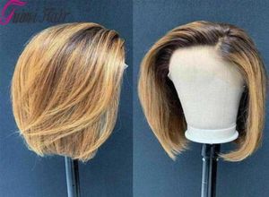 Ombre färg bob spets främre mänskliga hår peruker höjdpunkt brasiliansk remy hår 44 spets peruker 150 densitet förplucked s082613959857207160