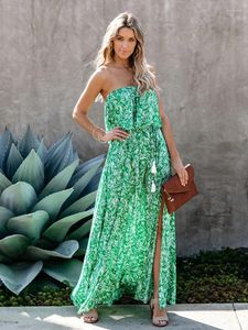 Casual Dresses Fitshinling Fashion Strapless Long Dress Women Clothing Sexy Split Slim Maxi Female Green Pareo Bohemian 2023