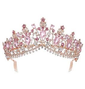 Barock Rose Gold Pink Crystal Bridal Tiara Crown med Cam Pageant Prom Veil Pannband Bröllop Hårtillbehör 2110066519167