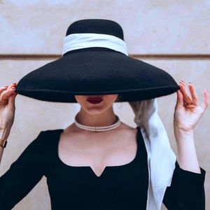 fashion streetstyle black wide brim wool bucket hat female vintage big hat for women looks like Audrey Hepburn 231225