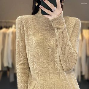 Kadın Sweaters İlkbahar ve Sonbahar Halka Yün İçi Boş Uzun Kollu Yarı Yüklü Yarı Yaka Parlak İpek Örme Gevşek Alt Gömlek