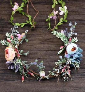 Pink Blue Flower Hair Jewelry Artificial Flower Tiara Hårband Brud Summer Wreath Leaves Garland Hårtillbehör för kvinnor VL1796225