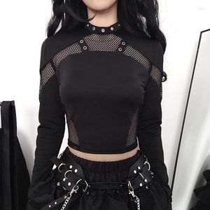 Camisetas femininas Goth Dark Techwear Cyber Gótico Fishnet Patches Camisetas Punk Grunge Hollow Out Skinny Crop Tops Black Eyelet Fashion Alt