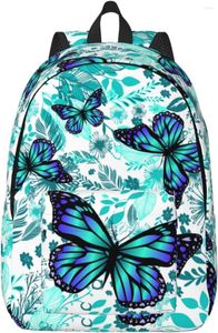 バックパックカジュアルライトウェイトブルーフローラル蝶のラップトップ男性女性旅行バッグ屋外キャンバスデイパック