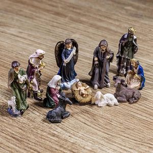 11pc Ustaw kolorowe narodziny święta rodzina narodziny Jezusa Figurina Świąteczna dekoracje domu miniatury ornament kościół Chwyt prezent 231225