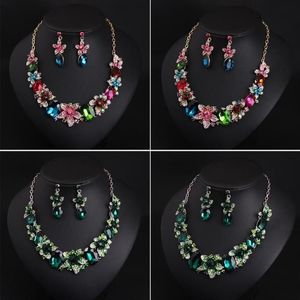 Frauen Bunte Blumen Braut Schmuck Sets Hochzeit Bib Halsband Kette Halskette Ohrringe Cocktail Party Kostüm Kristall Schmuck239K