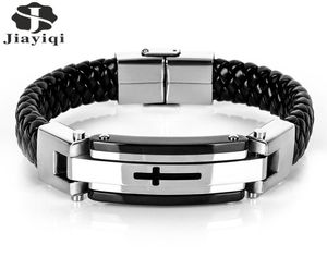 Jiayiqi punk aço inoxidável trançado manguito pulseiras de couro masculino tecido pulseira para homens jóias presente de natal 2016 c190417036511572