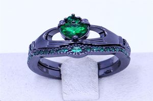 Novo anel claddagh pedra de aniversário joias conjunto de anéis de casamento para mulheres verde 5a zircônia cz preto ouro preenchido anel de festa feminino 6841953