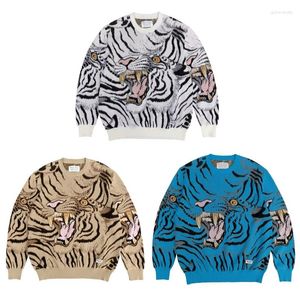 Men's Sweaters Japanese Style WACKO MARIA Sweater Full Tiger Print Oversized Top Quality White Khaki Blue Knitted Sweatshirts For Men Women