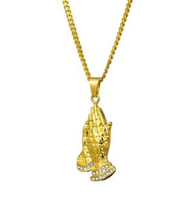 Designer Fashion Men Praying Hand Pendant Necklaces Hip Hop Jewelry Rhinestone Crystal Design 60cm Long Chains Punk Necklace For M9238131