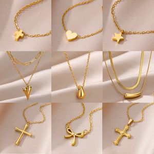 14k Yellow Gold Necklace for Women Girls Heart Pendant Necklaces Choker Aesthetic Handmade Jewelry Accessories Gifts