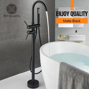 Torneiras Matte Black Floorstanding Banheira Torneira Set Dual Cerâmica Handle Chão Montado Garra Pé Banheira Misturadores Swive Spout Banheira Torneira T2