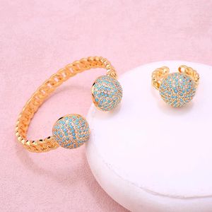 Set di anelli in pietra blu placcati in oro con bracciale rigido per donna in Medio Oriente misura regolabile Pulceras Y Brazaletes Mujer