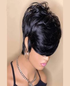 Pixie Short Cut Bob with bangs البرازيلي البرازيلي المستعار 100 شعر الإنسان لأفريقيا النساء الأسود لون الدانتيل