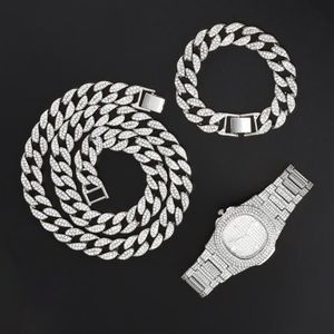 Colares pingentes 15mm colar relógio pulseira hip hop miami curb corrente cubana ouro gelado para fora pavimentado strass cz bling rapper for330a