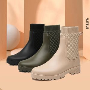 Rainboots Kadınlar Ekose Günlük Kadın Botları Moda Orta Salf Yağmur Botları Su Ayakkabıları Kadınlar Slip-On Mid Tüp Yetişkin Yağmur Çimleri 231226