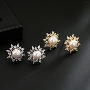 Stud Earrings Exquisite Cubic Zirconia & High Quality Pearls Snowflake For Women Fashion Party Birthday Christmas Gift