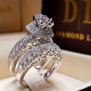 Cristal de luxe diamant femme grand Zircon pierre bague ensemble mode 925 argent mariée anneaux de mariage pour les femmes promettent amour fiançailles 283d