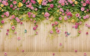 Tapeten Benutzerdefinierte 3D-Fotowandpapier Original rosa Rose Rose Blume Holz TV Hintergrund Wand Tapete Wandmalerei für Wohnzimmer