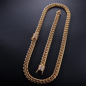 12mm 14mm Mens Cuban Miami Link Bracelet & Chain Set Rhinestone Clasp Stainless Steel Gold Hip Hop Necklace Chain Jewelry Set305K