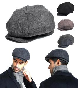 Berets Wool Tweed Sboy Cap Mens Vintage Black Gray Flat Peaked Street Hats Herringbone Gatsby Baker Boy HatBerets4226873