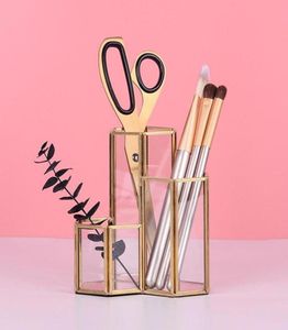 Glass Copper Hexagon Composite Pen Holder Makeup Brush Glass Storage Box Multifunktion Desktop Organisator Kontor Accessories6763378