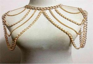 Chran Fashion Women Sexig Gold Color Body Necklace Chain Charm Multi Layer Faux Pearl Shoulder Slave Belly Belt Harness Jewelry1006376