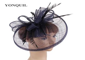 Vintage elegant marinblå fedora mössa shapeau hat bröllop fascinatorer fjäder slinge huvudkläder damer kvinnliga hårtillbehör SYF278 24741668