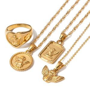 Colares Pingente Youthway À Prova D 'Água de Aço Inoxidável Anjo Série Anel Colar Metal Vintage 18K Banhado A Ouro À Prova de Ferrugem Diário Elegante