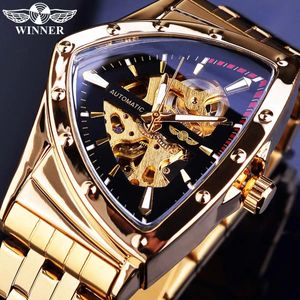 Rests Winner Steampunk Swiss Design Mens Double Side Skeleton Transparent Golden Stainless Steel Mens Automatic Mechanical Man Watch