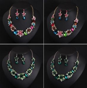 Women Colorful Flowers Bridal Jewelry Sets Wedding Bib Choker Chain Necklace Earrings Cocktail Party Costume Crystal Jewellery7023151