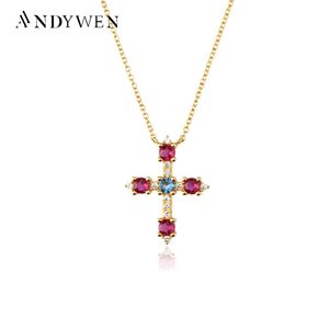 Necklaces Andywen 100% Sterling Sier Gold Rose Gold Zircon Green Cross Pendant Long Chain Necklace New 2021 Wedding Jewelry