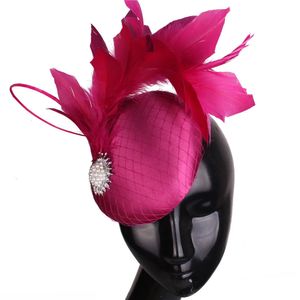 Nice Magenta Satin Hair Fascinator Hat Evening Party Formal Church Ladies Millinery Hat Bridal Wedding Headpieces With Feathers 231225