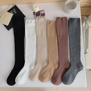 Women Socks 2023 Winter Autumn Double-Needle Knee Stockings Japanese Style Knitted Striped Leg Cotton Warm Long