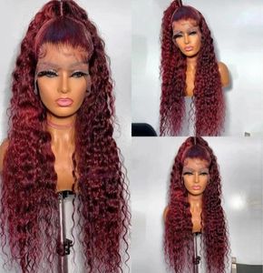 Curly Human Hair Wigs Wine Red Brasilian Remy Deep Wave Full Lace Front Synthetic Wig 180 Pre Plucked2378682