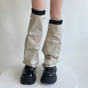Meias femininas moda feminina couro estilo punk aba bolso impressão joelho bota alta punhos japonês desleixado