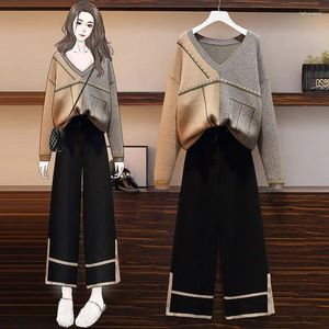 Women's Two Piece Pants Plus Size Autumn And Winter Wear 2023 Slim Knitted Sweater Wide Leg Two-piece Suit 2 Set Women