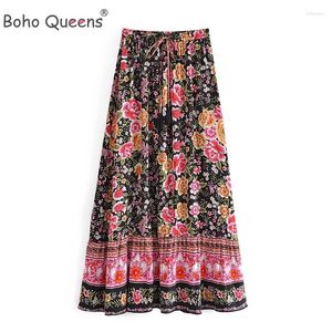 Skirts Boho Queens Hippie Women Black Floral Print Beach Bohemian Pleated Skirt Ladies High Elastic Waist A-Line Rayon Maxi