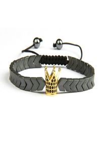 CZ Crown Men Bracelety Whole Micro Pave Black Cz Gold Crown Bransoletka z hematytowymi kamiennymi koralikami Prezent dla mężczyzn8080150