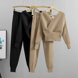 Elegante agasalho sexy duas peças conjunto feminino estilo coreano com nervuras de malha sem costas topo e longo harem pant terno outono outfits y2k 231225