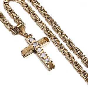 Rock Men's 316L rostfritt stål Rhinestone Cross Pendant Necklace Jewelry Gift Byzantine Box Chain 20-40inch1329b