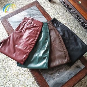 Bourgogne Green Brown Black Brodery Rhude Leather Pants Men Women Jogger Casual Zipper Hems Splicing PU Sweatpants 231225