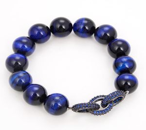 GuaiGuai Jewelry 14mm Round Blue Tiger Eye Cz pave Ring Chain Connector Stretch Bracelet Handmade For Women Real Lady Fashion Jewe5232261