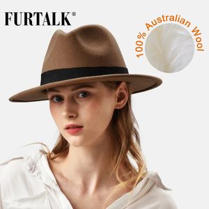 FurTalk 100% Cappello Fedora in lana australiano per donne uomini vintage largo brim fedorasce hat cappello jazz cappello cappello marrone grigio 231225 231225