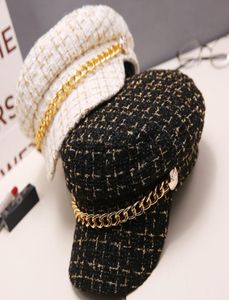 2019 Autumn Winter tweed Chain Military Hat For Women Wool Flat Army Cap Salior Hat Girl Visor Travel Berets plaid newsboy cap Y203795325
