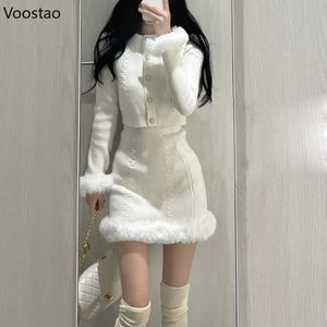 White Sweet Knitted Mini Skirt Set Women Korean Fashion Plush Sweater 2 Piece Sets Female Vintage Elegant Slim Suit Autumn 231225
